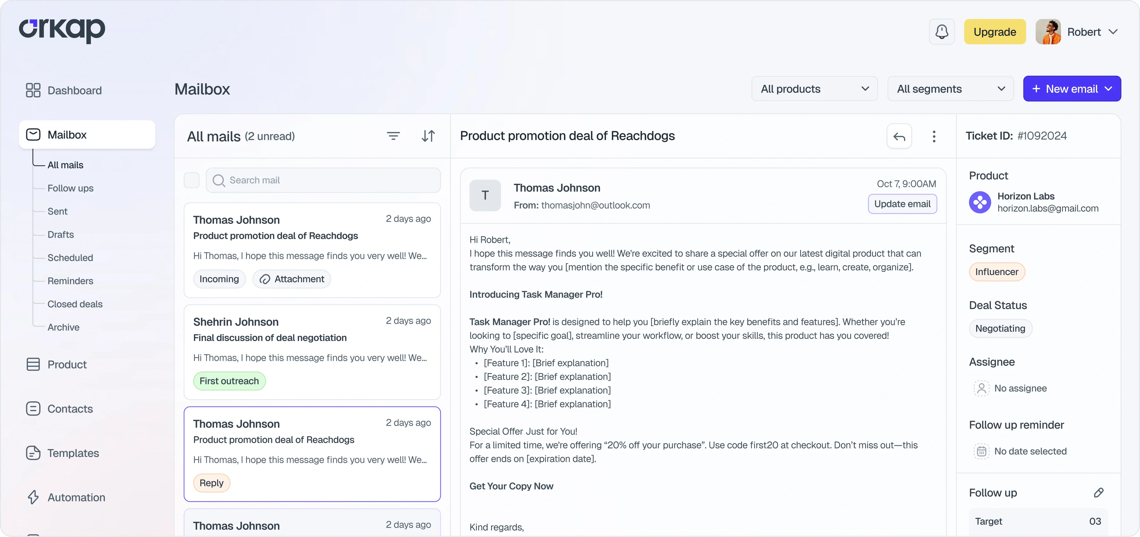 Orkap multi-product workspace — one inbox per product